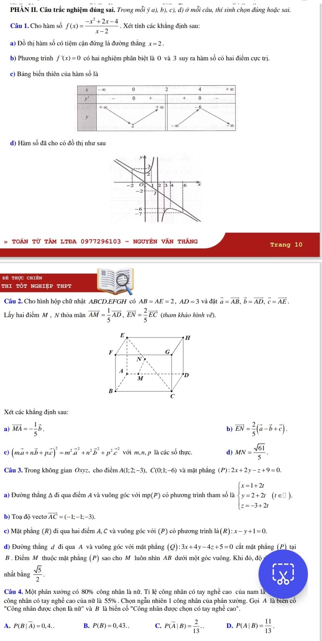 PHẢN II. Câu trắc nghiệm đúng sai. Trong mỗi ý ở (a),b),c),d) ở mỗi câu, thí sinh chọn đúng hoặc sai.
Câu 1. Cho hàm số f(x)= (-x^2+2x-4)/x-2 . Xét tính các khắng định sau:
a) Đồ thị hàm số có tiệm cận đứng là đường thắng x=2.
b) Phương trình f'(x)=0 có hai nghiệm phân biệt là 0 và 3 suy ra hàm số có hai điểm cực trị.
c) Bảng biến thiên của hàm số là
d) Hàm số đã cho có đồ thị như sau
* tOáN từ tÂm lTĐA 0977296103 - ngUYÊN VăN thắng
Trang 10
đè thực chiến
thi tốt nghiệp thpt
Câu 2. Cho hình hộp chữ nhật ABCD.EFGH có AB=AE=2,AD=3 và đặt vector a=vector AB,vector b=vector AD,vector c=vector AE.
Lấy hai điểm M , N thỏa mãn overline AM= 1/5 overline AD,overline EN= 2/5 overline EC (tham khảo hình vẽ).
Xét các khẳng định sau:
a) vector MA=- 1/5 vector b. vector EN= 2/5 (vector a-vector b+vector c).
b)
c) (mvector a+nvector b+pvector c)^2=m^2vector a^(2+n^2)vector b^(2+p^2)vector c^(2voim,n,p là các số thực. d) MN=frac sqrt(61))5.
Câu 3. Trong không gian Oxyz, cho điểm A(1;2;-3),C(0;1;-6) và mặt phẳng (P):2x+2y-z+9=0.
a) Đường thắng A đi qua điểm A và vuông góc với mp(P) có phương trình tham số là beginarrayl x=1+2t y=2+2t z=-1). z=-3+2tendarray.
b) Toạ độ vecto vector AC=(-1;-1;-3).
c) Mặt phẳng (R) đi qua hai điểm A, C và vuông góc voi(P) có phương trình ldot a(R):x-y+1=0.
d) Đường thẳng đ đi qua A và vuông góc với mặt phẳng (Q):3x+4y-4z+5=0 cắt mặt phẳng (P) tại
B . Điểm M thuộc mặt phẳng (P) sao cho Mô luôn nhìn AB dưới một góc vuông. Khi đó, độ
nhất bằng  sqrt(5)/2 .
Câu 4. Một phân xưởng có 80% công nhân là nữ. Ti lệ công nhân có tay nghề cao của nam là
công nhân có tay nghề cao của nữ là 55% . Chọn ngẫu nhiên 1 công nhân của phân xưởng. Gọi A là biên cố
"Công nhân được chọn là nwidehat U'' và B là biến cố "Công nhân được chọn có tay nghề cao".
P(B|overline A)=0,4.. B. P(B)=0,43... C. P(overline A|B)= 2/13 .. 4 P(A|B)= 11/13 .