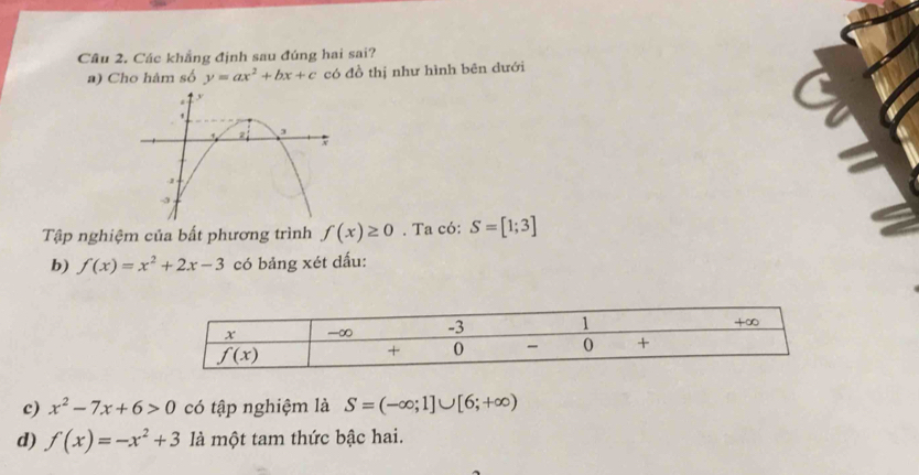 Các khẳng định sau đúng hai sai?
a) Cho hàm số y=ax^2+bx+c có đồ thị như hình bên dưới
Tập nghiệm của bất phương trình f(x)≥ 0. Ta có: S=[1;3]
b) f(x)=x^2+2x-3 có bảng xét dấu:
c) x^2-7x+6>0 có tập nghiệm là S=(-∈fty ;1]∪ [6;+∈fty )
d) f(x)=-x^2+3 là một tam thức bậc hai.