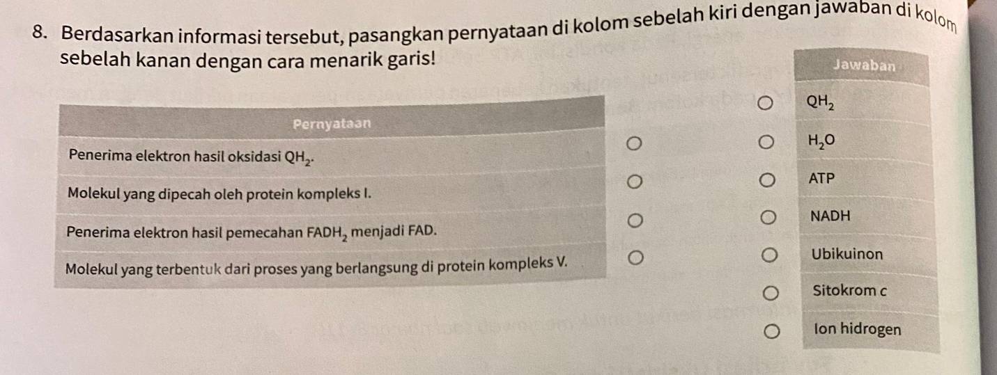 Berdasarkan informasi tersebut, pasangkan pernyataan di kolom sebelah kiri dengan jawaban di kolom
sebelah kanan dengan cara menarik garis!
Pernyataan
Penerima elektron hasil oksidasi QH_2.
Molekul yang dipecah oleh protein kompleks I.
Penerima elektron hasil pemecahan FADH_2 menjadi FAD.
Molekul yang terbentuk dari proses yang berlangsung di protein kompleks V.