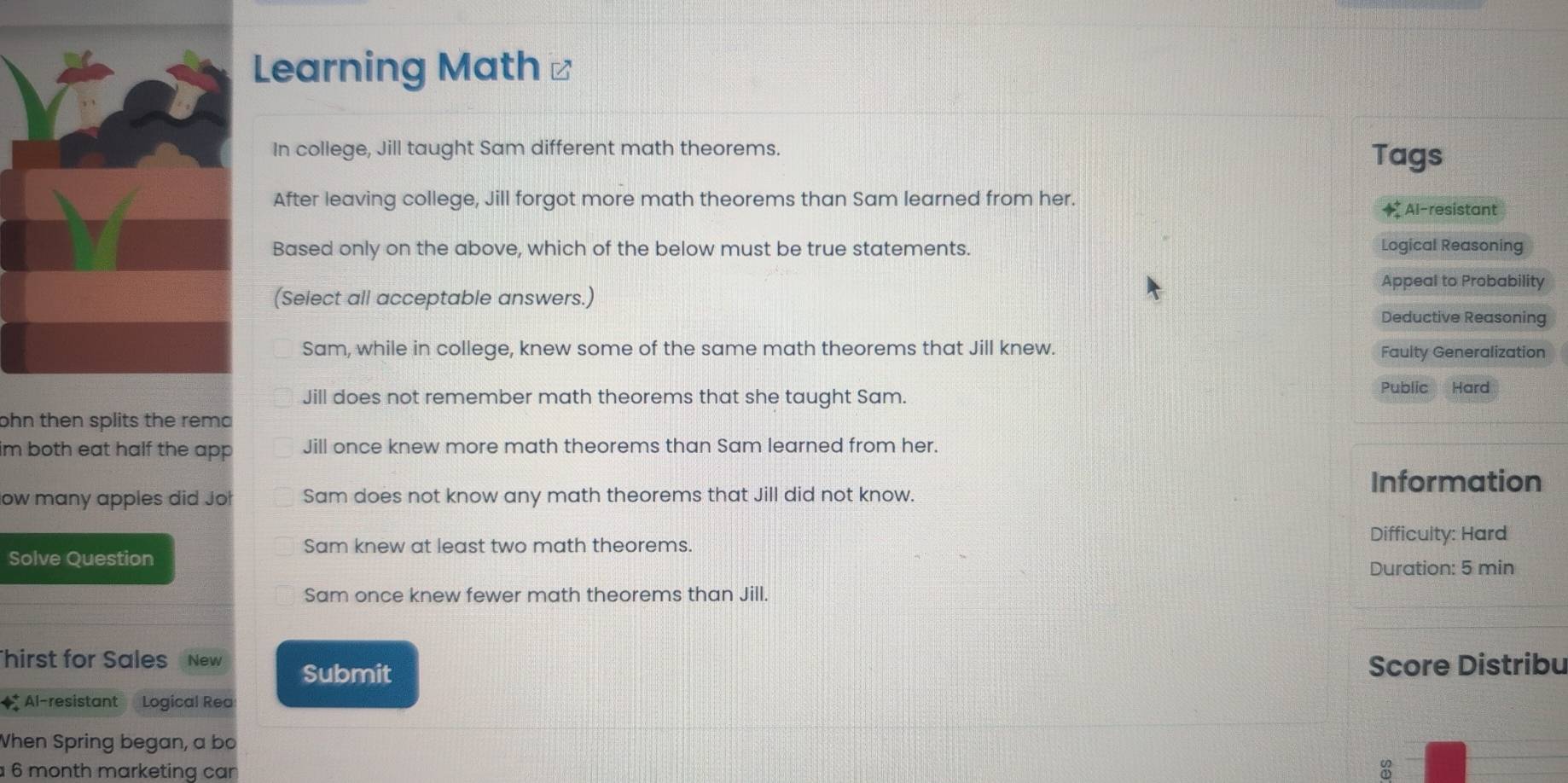 Solved: Learning Math In college, Jill taught Sam different math ...