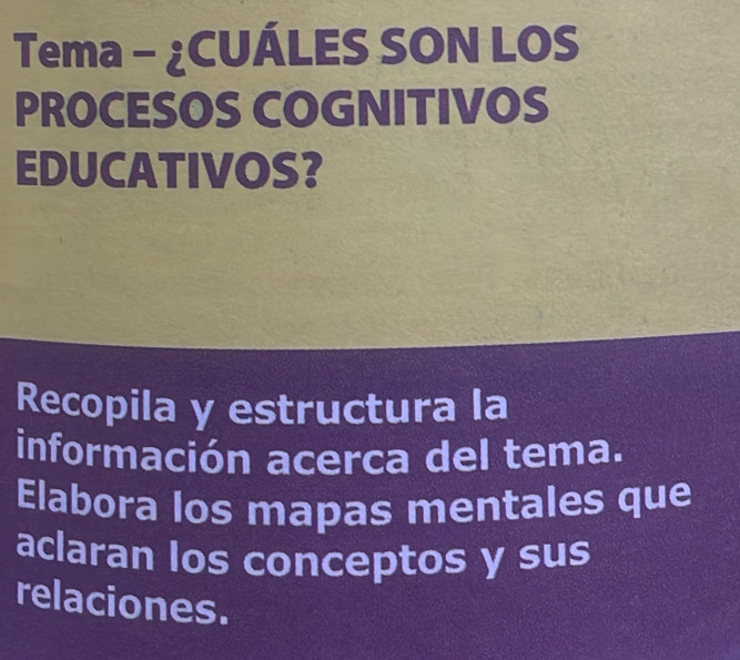 Tema - ¿CUÁLES SON LOS 
PROCESOS COGNITIVOS 
EDUCATIVOS? 
Recopila y estructura la 
información acerca del tema. 
Elabora los mapas mentales que 
aclaran los conceptos y sus 
relaciones.