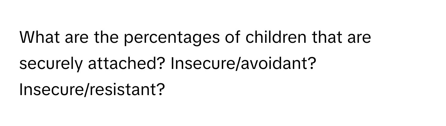 What are the percentages of children that are securely attached? Insecure/avoidant? Insecure/resistant?