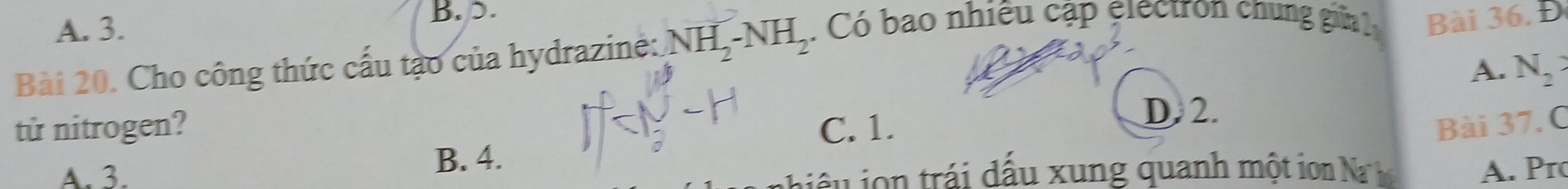 A. 3. B. D.
Bài 20. Cho công thức cấu tạo của hydrazine: NH_2-NH_2. Có bao nhiều cập electron chung gia Bài 36. Đ
A. N_2
D. 2.
tử nitrogen? C. 1 Bài 37. C
A. 3. B. 4.
t o trái dấu x ung quanh một io N A. Pr