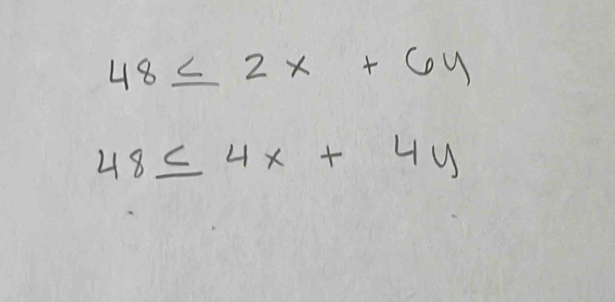 48≤ 2x+6y
48≤ 4x+4y