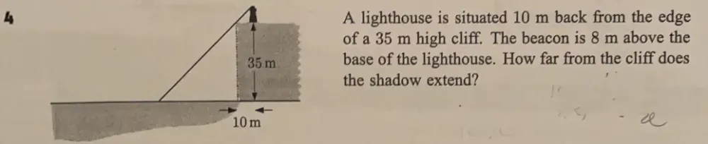 Solved: A lighthouse is situated 10 m back from the edge of a 35 m high ...