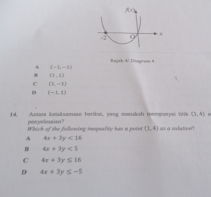 Rajah 4/ Diagram 4
A (-1,-1)
B (1,1)
C (1,-1)
D (-1,1)
14. Antara ketaksamaan berikut, yang manakah mempunyai titik (1,4) s
penyelesaian?
Which of the following inequality has a point (1,4) as a solution?
A 4x+3y<16</tex>
B 4x+3y<5</tex>
C 4x+3y≤ 16
D 4x+3y≤ -5