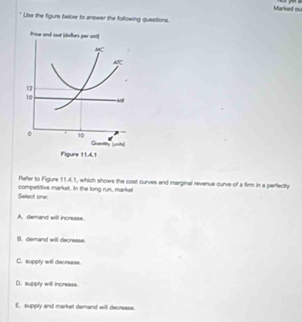 Marked ou
* Use the figure below to answer the following questions.
Refer to Figure 11.4.1, which shows the cost curves and marginal revenue curve of a firm in a perfectly
competitive market. In the long run, marke!
Select one:
A. demand will increase.
B. demand will decrease.
C. supply will decrease.
D. supply will increase.
E. supply and market demand will decrease.