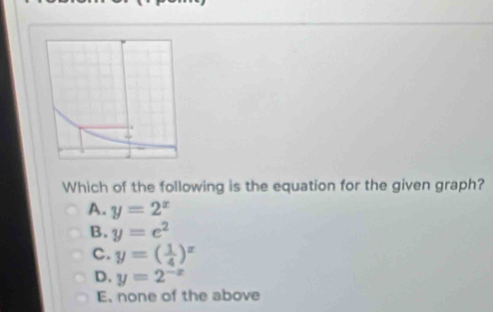 Which of the following is the equation for the given graph?
A. y=2^x
B. y=e^2
C. y=( 1/4 )^x
D. y=2^(-x)
E. none of the above