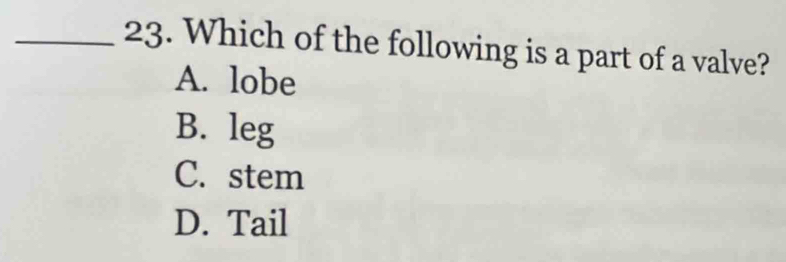 Which of the following is a part of a valve?
A. lobe
B. leg
C. stem
D. Tail