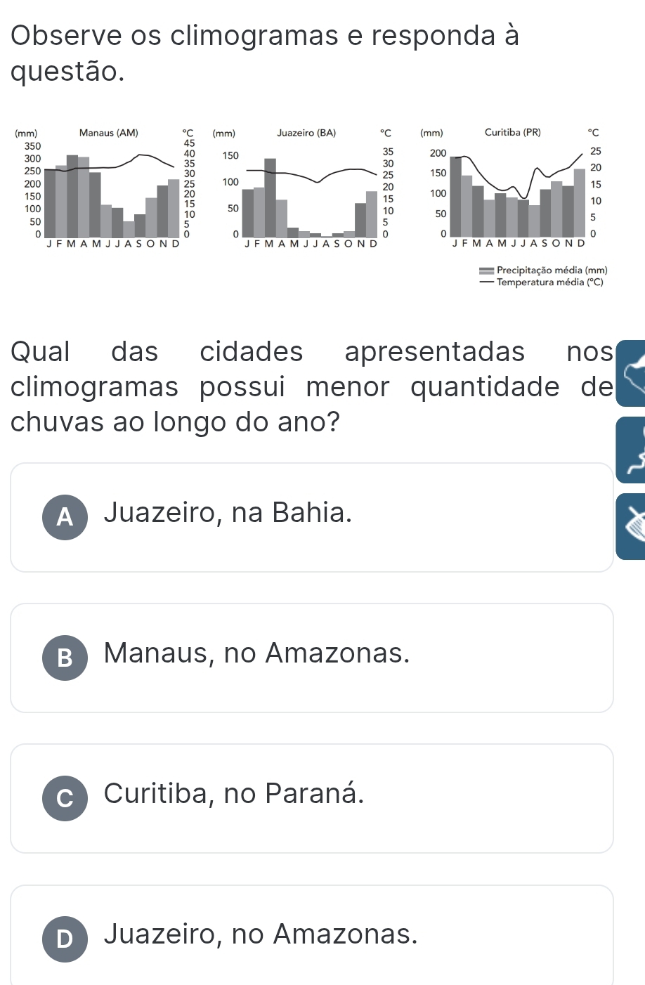 Observe os climogramas e responda à
questão.



Qual das cidades apresentadas nos
climogramas possui menor quantidade de
chuvas ao longo do ano?
A ) Juazeiro, na Bahia.
B) Manaus, no Amazonas.
C Curitiba, no Paraná.
D) Juazeiro, no Amazonas.