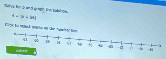 Solve for b and graph the solution.
4=|b+56|
Click to select points on the numbe