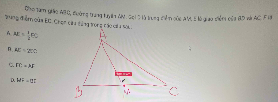 Cho tam giác ABC, đường trung tuyến AM. Gọi D là trung điểm của AM, E là giao điểm của BD và AC, F là
trung điểm của EC. Chọn câu đúng trong các câu sau:
A. AE= 1/2 EC
B. AE=2EC
C. FC=AF
D. MF=BE