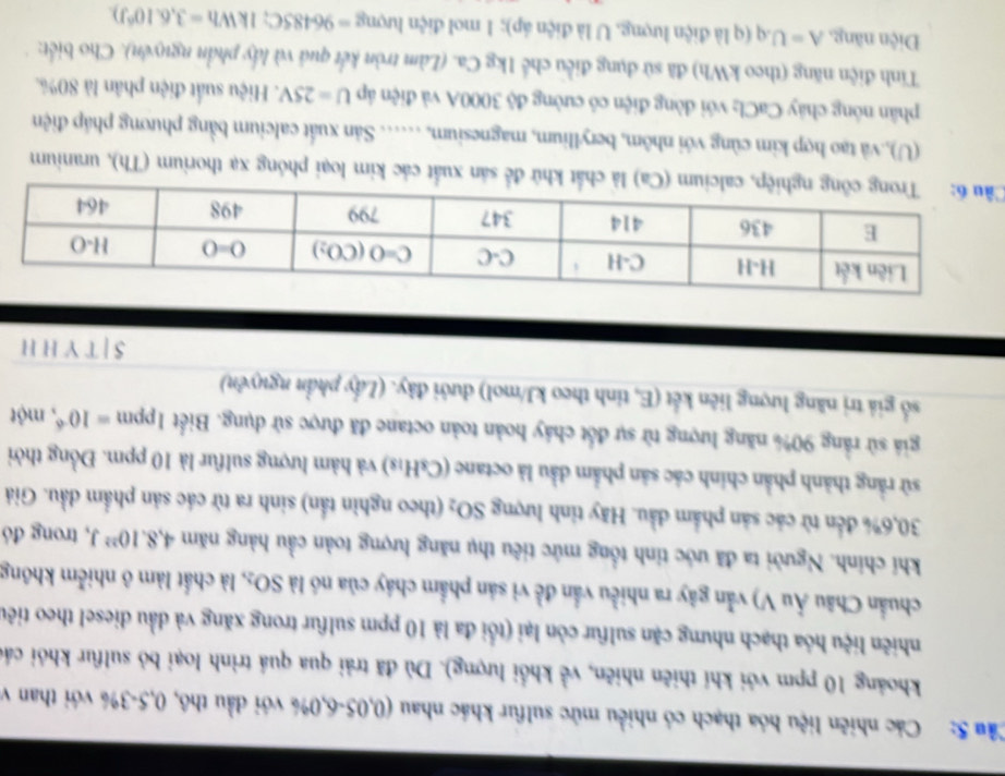 Cầu S: Các nhiên liệu hóa thạch có nhiều mức sulfur khác nhau (0,05-6,0% với dầu thô, 0,5-3% với than v
khoảng 10 ppm với khí thiên nhiên, về khổi lượng). Dù đã trải qua quá trình loại bỏ sulfur khỏi cá
nhiên liệu hóa thạch nhưng cặn sulfur còn lại (tổi đa là 10 ppm sulfur trong xăng và dầu diesel theo tiêu
chuẩn Châu Âu V) vẫn gây ra nhiều vắn đề vì sản phẩm chây của nó là SO_2 , là chất làm ô nhiễm không
khi chính. Người ta đã ước tinh tổng mức tiêu thụ năng lượng toàn cầu hàng năm 4,8.10^(22)J , trong đó
30,6% đến từ các sản phẩm dầu. Hãy tỉnh lượng SO_2 (theo nghìn tần) sinh ra từ các sản phẩm dầu. Giả
sử rằng thành phần chính các sản phẩm dầu là octane (C_8H_18) và hàm lượng sulfur là 10 ppm. Đồng thời
giả sử rằng 90% năng lượng từ sự đốt cháy hoàn toàn octane đã được sử dụng. Biết 1ppm =10^(-6) một
số giả trị năng lượng liên kết (E, tinh theo kJ/mol) dưới đây. (Lấy phần nguyên)
S | T Y H H
là chất khữ để sản xuất các kim loại phóng xạ thorium (Th), uranium
(U),.và tạo hợp kim cùng với nhôm, beryllium, magnesium, ……. Sản xuất calcium bằng phương pháp điện
phân nông chây CaCl₂ với dòng điện có cường độ 3000A và điện áp U=25V.. Hiệu suất điện phân là 80%.
Tinh điện năng (theo kWh) đã sử dụng điều chế 1kg Ca. (Làm tròn kết quả và là * phần nguyên) . Cho biết:
14°
Diện năng, A=U.q (q là điện lượng, U là điện áp); 1 mol điện lượng =96485C;1kWh=3.6.10^6J)
