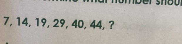 7, 14, 19, 29, 40, 44, ?