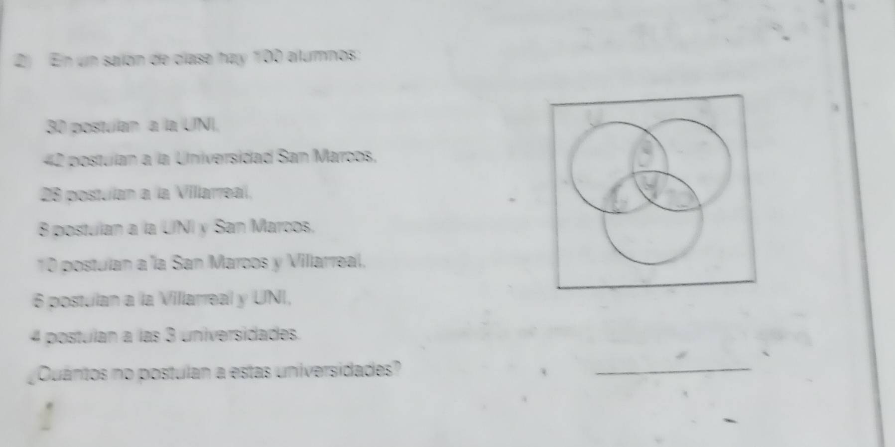 En un sailón de clase hay 100 allumnos:
30 postulan a la UNI,
42 postulan a la Universidad San Maroos,
28 postulan a la Villarreaí,
8 postulan a la UNI y San Marcos,
10 postulan a la San Marcos y Villarreal,
6 postulan a la Villarreal y UNI,
4 postulan a las 3 universidades. 
Quántos no postulan a estas universidades? 
_