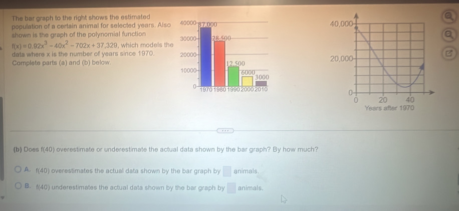 The bar graph to the right shows the estimated
population of a certain animal for selected years. Also
shown is the graph of the polynomial function 
a
f(x)=0.92x^3-40x^2-702x+37.329 , which models the
data where x is the number of years since 1970. 
Complete parts (a) and (b) below. 
(b) Does f(40) overestimate or underestimate the actual data shown by the bar graph? By how much?
A. f(40) overestimates the actual data shown by the bar graph by □ animals.
B. f(40) underestimates the actual data shown by the bar graph by □ animals.