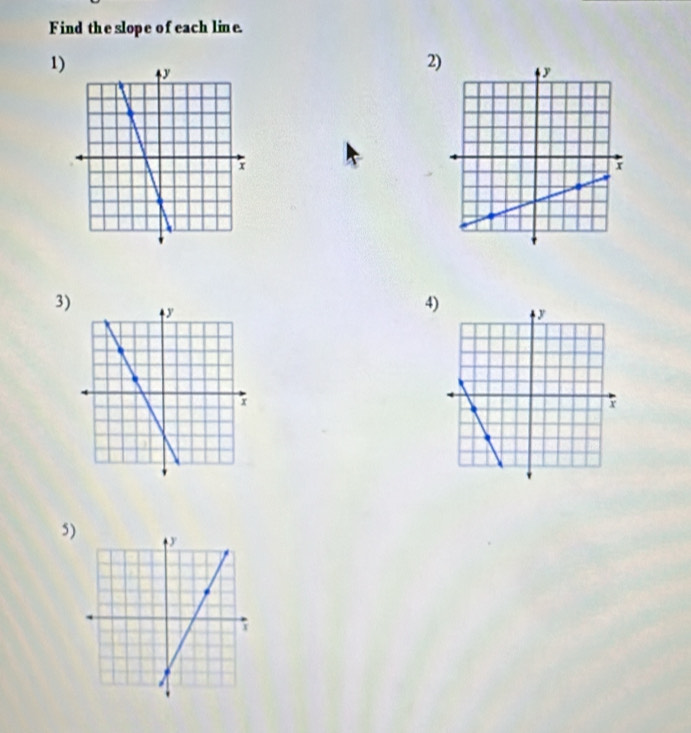 Find the slope o f each line. 
2) 
1) 
3) 
4) 
5)