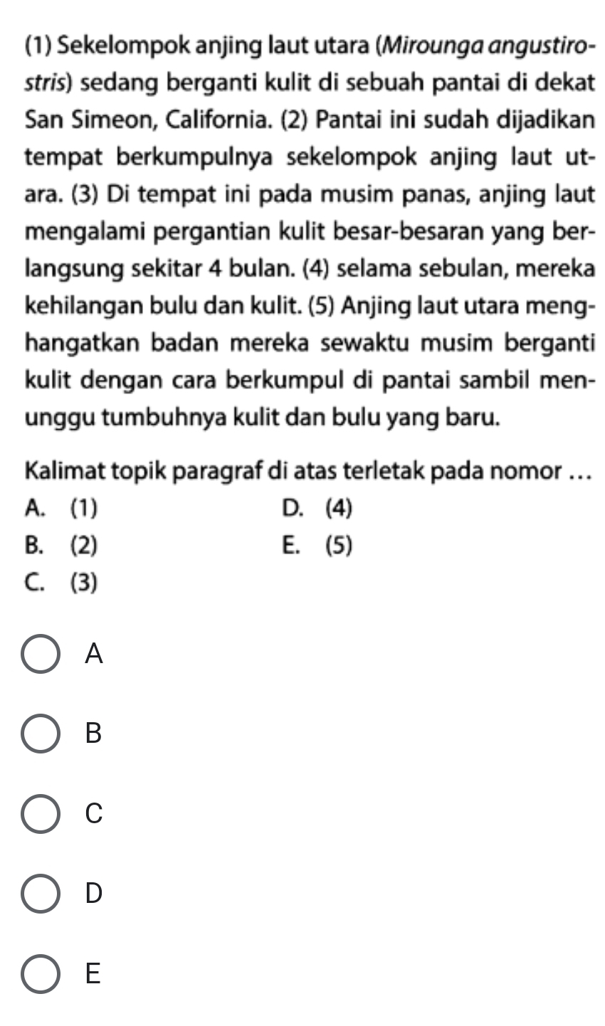 (1) Sekelompok anjing laut utara (Mirounga angustiro-
stris) sedang berganti kulit di sebuah pantai di dekat
San Simeon, California. (2) Pantai ini sudah dijadikan
tempat berkumpulnya sekelompok anjing laut ut-
ara. (3) Di tempat ini pada musim panas, anjing laut
mengalami pergantian kulit besar-besaran yang ber-
langsung sekitar 4 bulan. (4) selama sebulan, mereka
kehilangan bulu dan kulit. (5) Anjing laut utara meng-
hangatkan badan mereka sewaktu musim berganti
kulit dengan cara berkumpul di pantai sambil men-
unggu tumbuhnya kulit dan bulu yang baru.
Kalimat topik paragraf di atas terletak pada nomor …
A. (1) D. (4)
B. (2) E. (5)
C. (3)
A
B
C
D
E