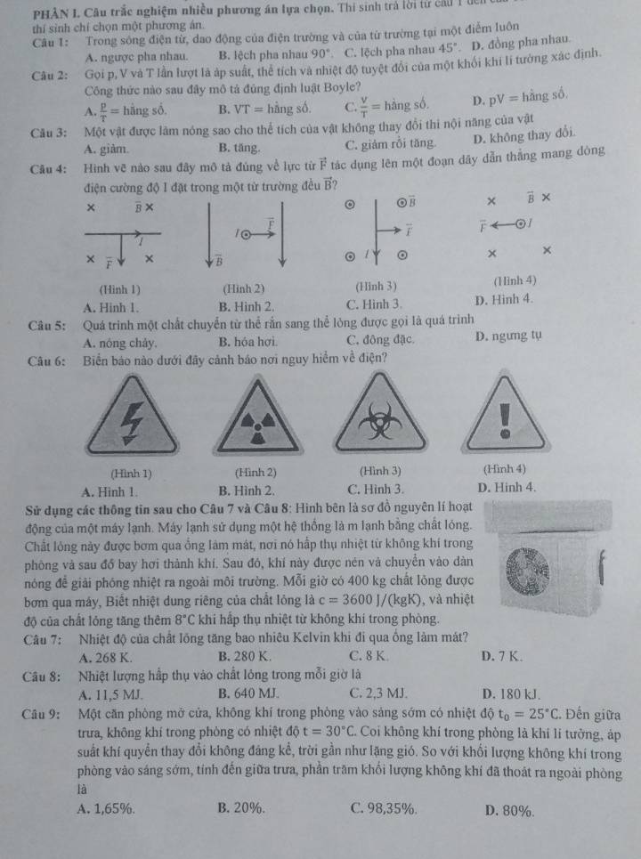 PHÀN I. Câu trắc nghiệm nhiều phương án lựa chọn. Thi sinh trà lời từ cảu 1 ở
thí sinh chí chọn một phương án.
Câu 1: Trong sóng điện từ, dao động của điện trường và của từ trường tại một điểm luôn
A. ngược pha nhau. B. lệch pha nhau 90° C. lệch pha nhau 45°. D. đồng pha nhau.
Câu 2: Gọi p,V và T lần lượt là áp suất, thể tích và nhiệt độ tuyệt đổi của một khổi khi li tưởng xác định
Công thức nào sau đây mô tả đủng định luật Boyle?
A.  p/T =hhat angshat o. B. VT= hhat angshat o C.  V/T = hàng số. D. pV= hàng số
Câu 3: Một vật được làm nóng sao cho thể tích của vật không thay đổi thi nội năng của vật
A. giàm. B. tăng. C. giảm rỗi tăng. D. không thay đổi.
Câu 4: Hình vẽ nào sau đây mô tả đúng về lực từ vector F tác dụng lên một đoạn dãy dẫn thắng mang dòng
điện cường độ 1 đặt trong một từ trường đều vector B
× B ×
G overline B vector B*
F
overline I F
10 @ /
1
× F x B
。 × ×
(Hinh 1) (Hinh 2) (Hinh 3) (1ình 4)
A. Hinh 1. B. Hinh 2. C. Hinh 3. D. Hinh 4.
Câu 5: Quá trình một chất chuyển từ thể rắn sang thể lỏng được gọi là quá trình
A. nóng chảy, B. hóa hợi. C. đông đặc D. ngưng tụ
Câu 6: Biển báo nào dưới đây cảnh báo nơi nguy hiểm về điện?
(Hình 1) (Hình 2) (Hình 3) (Hình 4)
A. Hinh 1 B. Hình 2. C. Hình 3. D. Hinh 4.
Sử dụng các thông tin sau cho Câu 7 và Câu 8: Hình bên là sơ đồ nguyên lí hoạt
động của một máy lạnh. Máy lạnh sử dụng một hệ thống là m lạnh bằng chất lóng.
Chất lỏng này được bơm qua ổng làm mát, nơi nó hấp thụ nhiệt từ không khí trong
phòng và sau đồ bay hơi thành khí. Sau đó, khí này được nén và chuyển vào dàn
nóng để giải phóng nhiệt ra ngoài môi trường. Mỗi giờ có 400 kg chất lỏng được
bơm qua máy, Biết nhiệt dung riêng của chất lỏng là c=3600J/(kgK) , và nhiệt
độ của chất lỏng tăng thêm 8°C khi hấp thụ nhiệt từ không khí trong phòng.
Câu 7: Nhiệt độ của chất lồng tăng bao nhiêu Kelvin khi đi qua ống làm mát?
A. 268 K. B. 280 K. C. 8 K D. 7 K.
Câu 8: Nhiệt lượng hấp thụ vào chất lỏng trong mỗi giờ là
A. 11,5 MJ. B. 640 MJ. C. 2,3 MJ. D. 180 kJ.
Câu 9: Một căn phòng mở cửa, không khí trong phòng vào sảng sớm có nhiệt độ t_0=25°C :. Đến giữa
trưa, không khí trong phòng có nhiệt độ t=30°C Coi không khí trong phòng là khi lí tưởng, áp
suất khí quyển thay đổi không đáng kể, trời gần như lặng gió. So với khối lượng không khí trong
phòng vào sáng sớm, tính đến giữa trưa, phần trăm khối lượng không khí đã thoát ra ngoài phòng
là
A. 1,65%. B. 20%. C. 98,35%. D. 80%.