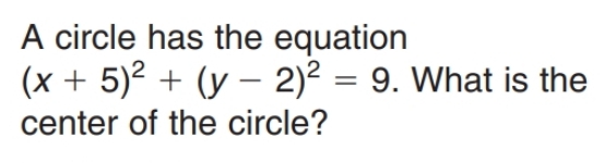 A circle has the equation
(x+5)^2+(y-2)^2=9. What is the 
center of the circle?