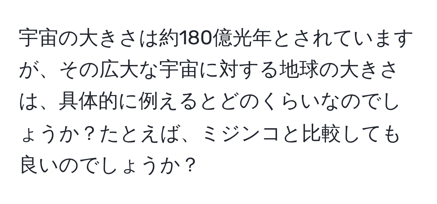 宇宙の大きさは約180億光年とされていますが、その広大な宇宙に対する地球の大きさは、具体的に例えるとどのくらいなのでしょうか？たとえば、ミジンコと比較しても良いのでしょうか？