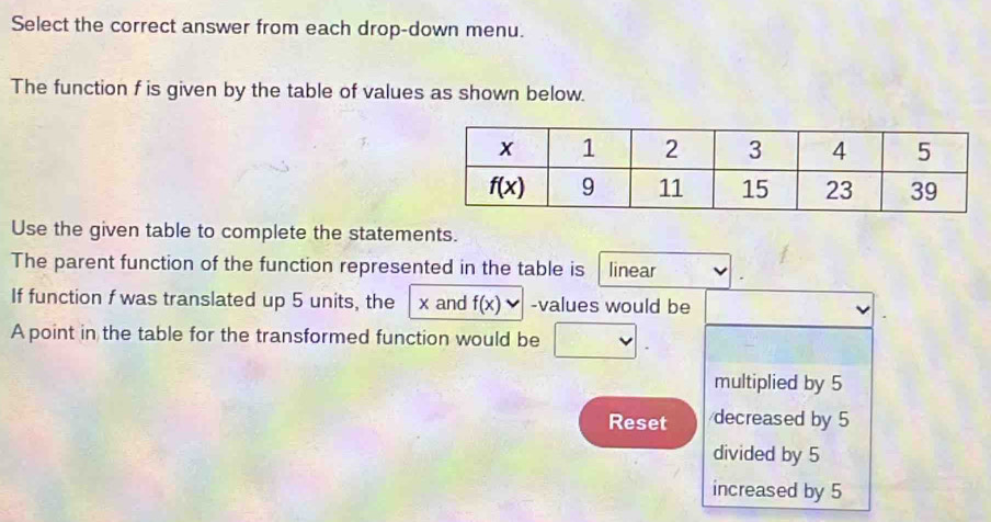 Select the correct answer from each drop-down menu.
The function f is given by the table of values as shown below.
Use the given table to complete the statements.
The parent function of the function represented in the table is linear
If function f was translated up 5 units, the x and f(x) -values would be
A point in the table for the transformed function would be □ v|.
multiplied by 5
Reset decreased by 5
divided by 5
increased by 5