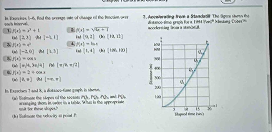 In Exercises 1-6, find the average rate of change of the function over 7. Accelerating from a Standstilf The figure shows the
each interval. distance-time graph for a 1994Fint° Mustang obra 
1. f(x)=x^3+1 2 f(x)=sqrt(4x+1) accelerating from a standstill.
(a) (2,3) (b) [-1,1] (a) [0,2] (b) [10,12]
4.
3. f(x)=e^x f(x)=ln x
(a) (-2,0] (b) (1,3) (a) [1,4] (b) [100,103]
5. f(x)=cos x
(a) (π /4,3π /4) (b) (π /6,π /2)
6. f(x)=2+cos x
(a) [0,π ] (b) [-π ,π ]
In Exercises 7 and 8, a distance-time graph is shown.
(a) Estimate the slopes of the secants PO_2PO_2PO_3 and PO_n
arranging them in order in a table. What is the appropriate
unit for these slopes? 
(b) Estimate the velocity at point P