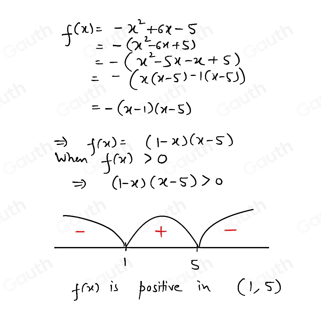 f(x)=-x^2+6x-5
=-(x^2-6x+5)
=-(x^2-5x-x+5)
=-(x(x-5)-1(x-5))
=-(x-1)(x-5)
f(x)=(1-x)(x-5)
When f(x)>0
(1-x)(x-5)>0
f(x) is positive in (1,5)