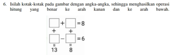 Isilah kotak-kotak pada gambar dengan angka-angka, sehingga menghasilkan operasi 
hitung yang benar ke arah kanan dan ke arah bawah.
□ +□ =8
+ +
□ -□ =6
13 8