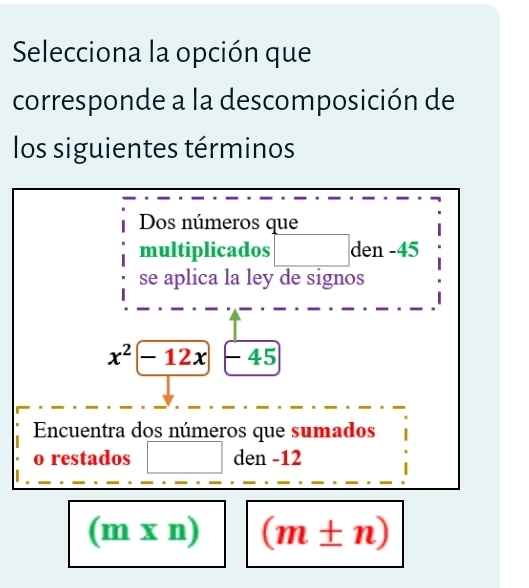 Selecciona la opción que 
corresponde a la descomposición de 
los siguientes términos 
Dos números que 
multiplicados den -45
se aplica la ley de signos
x^2-12x -45
Encuentra dos números que sumados 
o restados den -12
(m* n) (m± n)