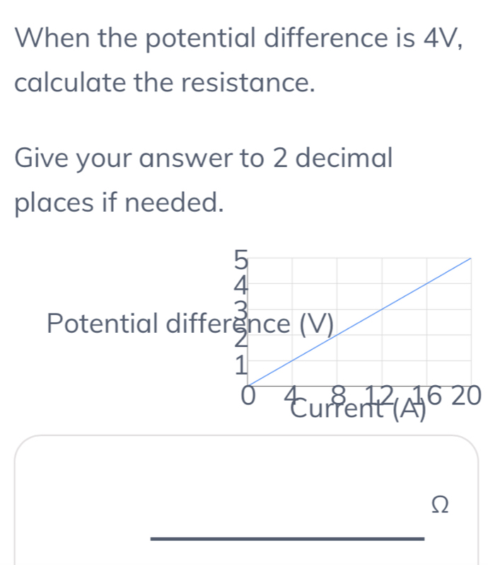 When the potential difference is 4V,
calculate the resistance.
Give your answer to 2 decimal
places if needed.
Potential diff
Ω