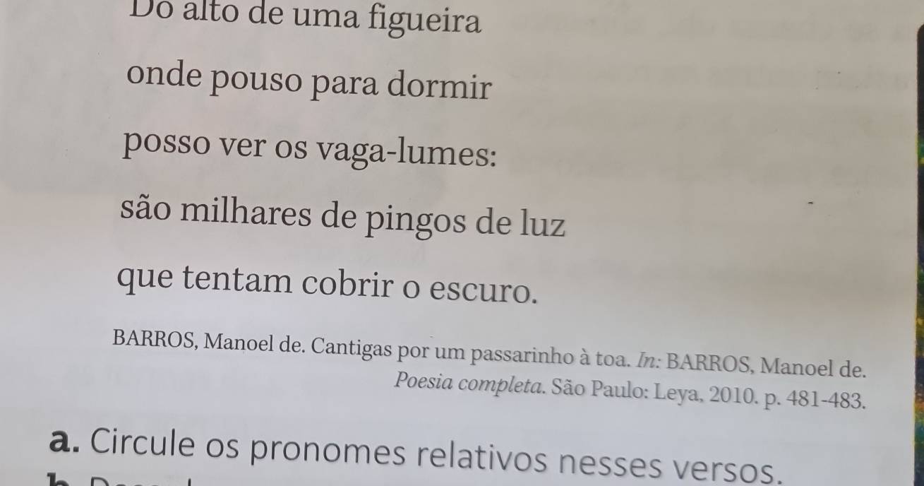 Do alto de uma figueira 
onde pouso para dormir 
posso ver os vaga-lumes: 
são milhares de pingos de luz 
que tentam cobrir o escuro. 
BARROS, Manoel de. Cantigas por um passarinho à toa. : BARROS, Manoel de. 
Poesia completa. São Paulo: Leya, 2010. p. 481-483. 
a. Circule os pronomes relativos nesses versos.