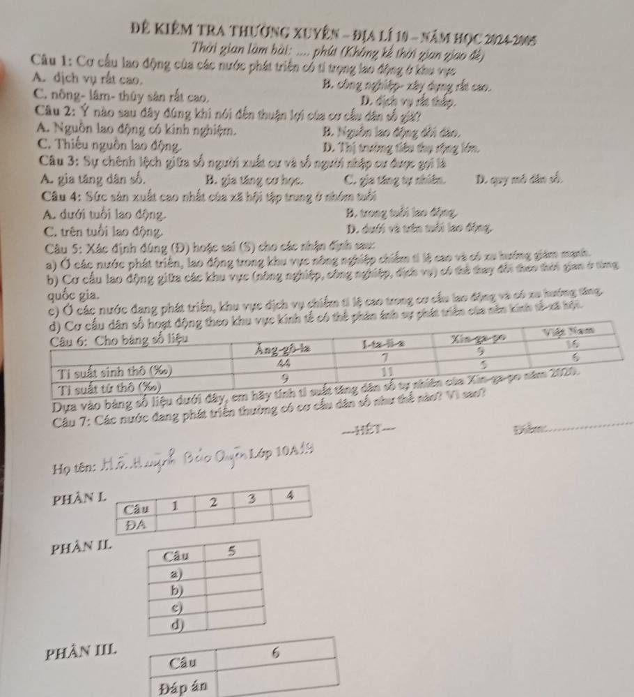 Đễ KiêM TrA thường xuyên - địa lÍ 10 - năm học 2024-2005
Thời gian làm bài: .... phút (Không kế thời zian ziao đề)
Câu 1: Cơ cầu lao động của các nước phát triển có ti trọng lao động ở khu vực
A. dịch vụ rất cao. B. công nghiệp- xây ở It cão
C. nông- lâm- thúy sân rất cao. D. dịch  v ụ 
          
Câu 2: Ý nào sau đây đúng khi nói đến thuận lợi của cơ cầu dân số gia
A. Nguồn lao động có kinh nghiệm. B. Nguồn lao động  ở dão
C. Thiếu nguồn lao động D. Thị trường tiêu th
Câu 3: Sự chênh lệch giữa số người xuất cư và số người nhập cư đư
A. gia tăng dân số, B. gia tăng cơ học. C. gia tăng tự nhí D. quy mô dân số,
Câu 4: : Sức sản xuất cao nhất của xã hội tập trung ở nhóm tuổi
A. đưới tuổi lao động. B. trong tuổi lao ở
C. trên tuổi lao động. D. dưới và tên mổi lao động,
Câu 5: Xác định đúng (Đ) hoặc sai (S) cho các nhận định sau:
a) Ở các nước phát triển, lao động trong khu vục nông nghiệp chiếm tì lệ cao và có xu hướng giám mạh.
b) Cơ cầu lao động giữa các khu vực (nông nghiệp, công nạ 0, địch vự) có thể thay đổi theo thời gian ở từng
quốc gia.
c) Ở các nước đang phát triển, khu vực địch vụ ở  hiể m  ti lệ cao trong cơ cầu lao động * có xo hướng tông
có Chân kh sự phín tr
Dựa vào bảng số liệu dưới 
Câu 7: Các nước đang phát triển thường có cơ có ầu dân số _
===HếT===
Họ tên:_
_
phân
phân II
phầN III.