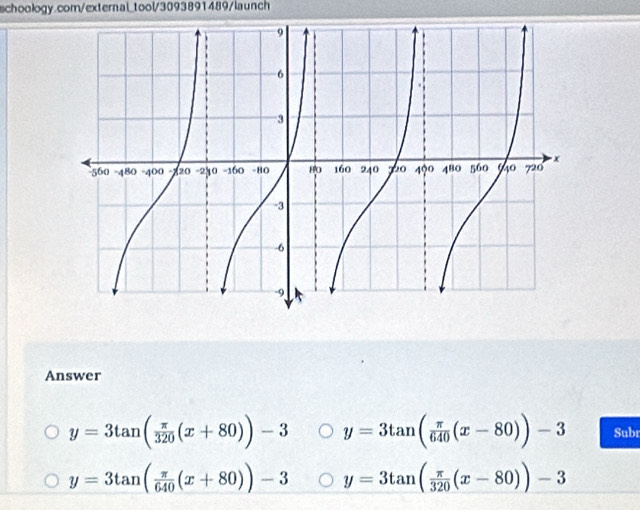 Answer
y=3tan ( π /320 (x+80))-3 y=3tan ( π /640 (x-80))-3 Subr
y=3tan ( π /640 (x+80))-3 y=3tan ( π /320 (x-80))-3