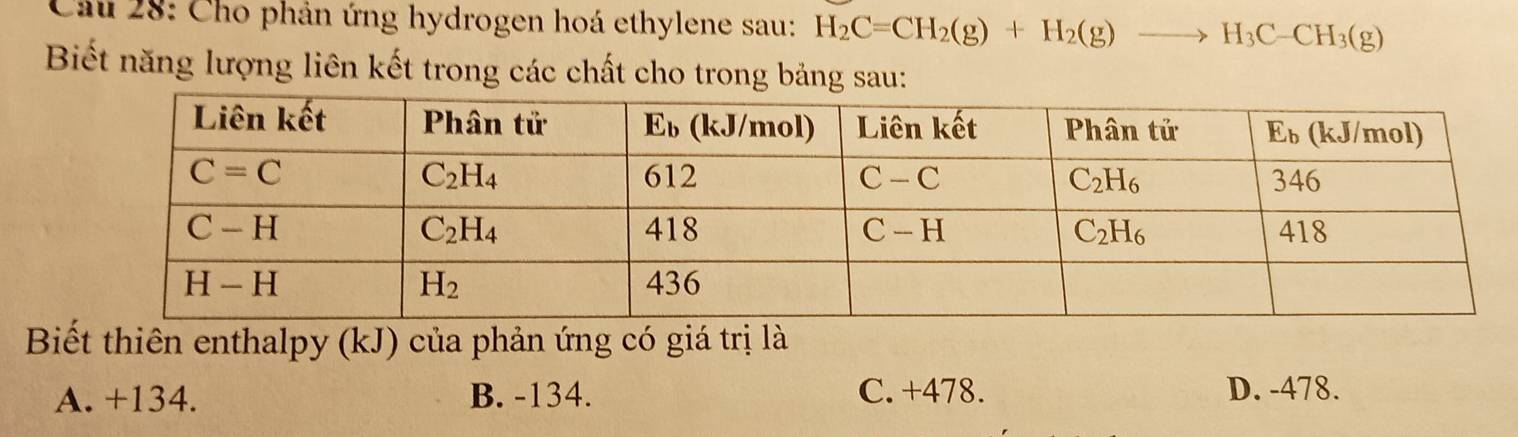 Cho phản ứng hydrogen hoá ethylene sau: H_2C=CH_2(g)+H_2(g)to H_3C-CH_3(g)
Biết năng lượng liên kết trong các chất cho trong bảng sau:
Biết thiên enthalpy (kJ) của phản ứng có giá trị là
A. +134. B. -134. C. +478. D. -478.