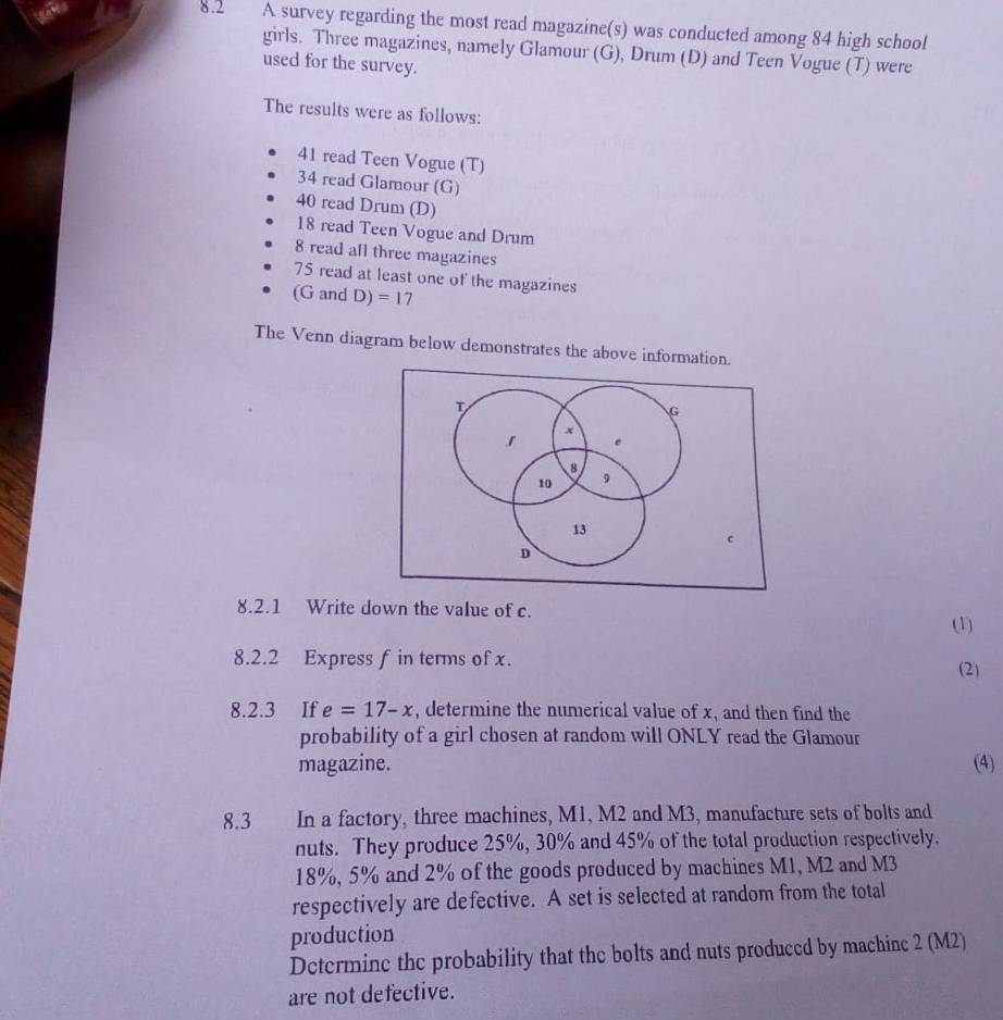 8.2 A survey regarding the most read magazine(s) was conducted among 84 high school 
girls. Three magazines, namely Glamour (G), Drum (D) and Teen Vogue (T) were 
used for the survey. 
The results were as follows:
41 read Teen Vogue (T)
34 read Glamour (G)
40 read Drum (D)
18 read Teen Vogue and Drum
8 read all three magazines
75 read at least one of the magazines 
(G and D)=17
The Venn diagram below demonstrates the above information. 
8.2.1 Write down the value of c. 
(1) 
8.2.2 Express f in terms of x. 
(2) 
8.2.3 If e=17-x , determine the numerical value of x, and then find the 
probability of a girl chosen at random will ONLY read the Glamour 
magazine. (4) 
8.3 In a factory, three machines, M1, M2 and M3, manufacture sets of bolts and 
nuts. They produce 25%, 30% and 45% of the total production respectively.
18%, 5% and 2% of the goods produced by machines M1, M2 and M3
respectively are defective. A set is selected at random from the total 
production 
Determine the probability that the bolts and nuts produced by machinc 2 (M2) 
are not defective.