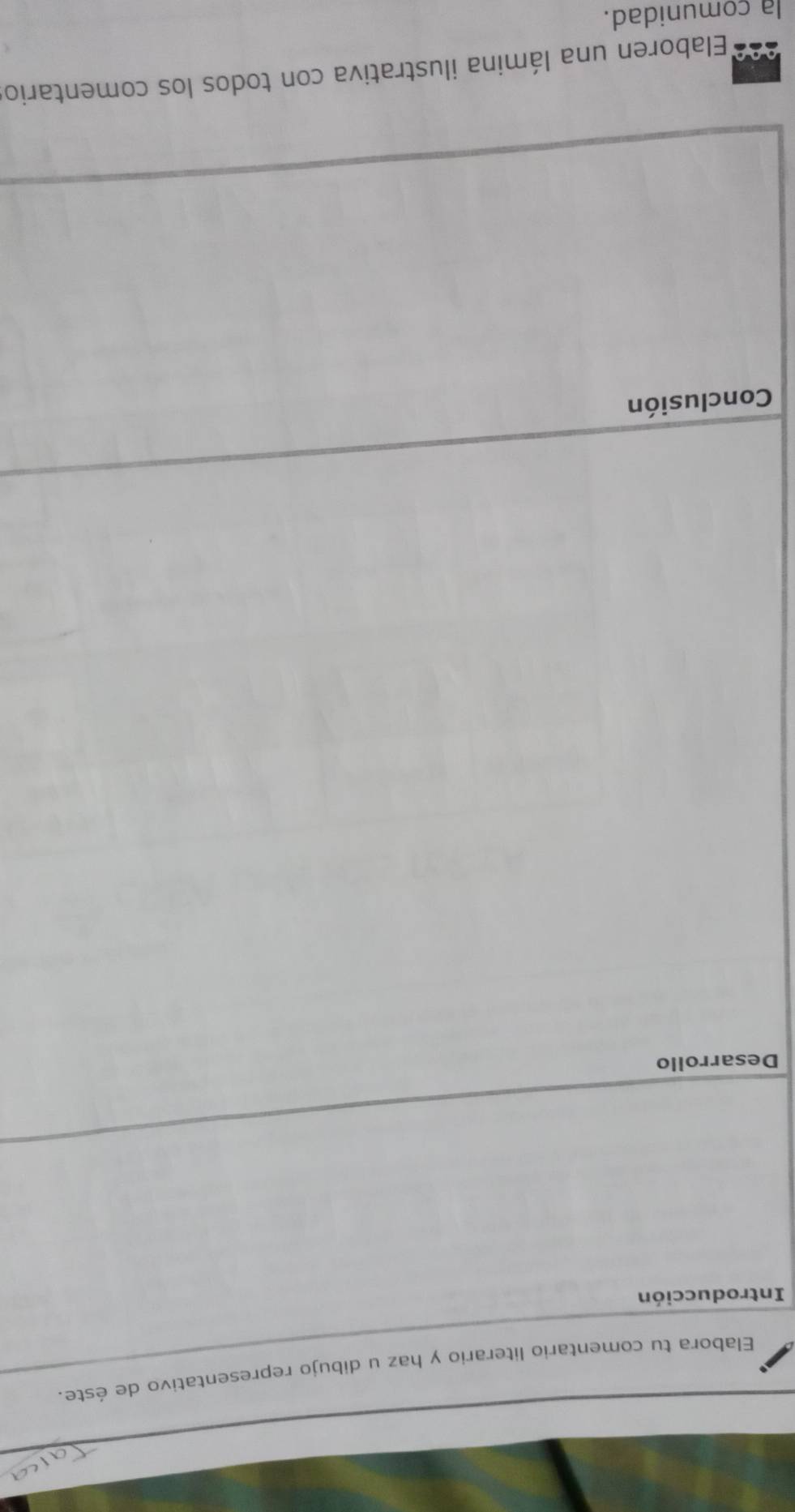 Elabora tu comentario literario y haz u dibujo representativo de éste. 
Introducción 
Desarrollo 
Conclusión 
Elaboren una lámina ilustrativa con todos los comentario 
la comunidad.