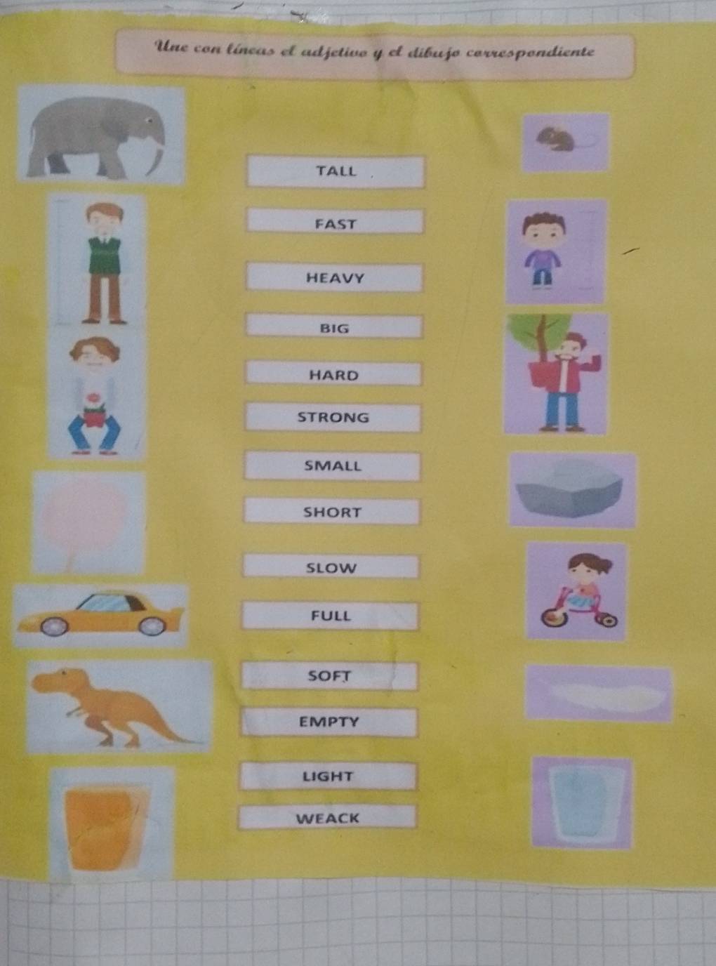 Une con líneas el adjetivo y el dibujo correspondiente
TALL
FAST
HEAVY
BIG
HARD
STRONG
SMALL
SHORT
slow
full
SOFT
EMPTY
LIGHT
WEACK