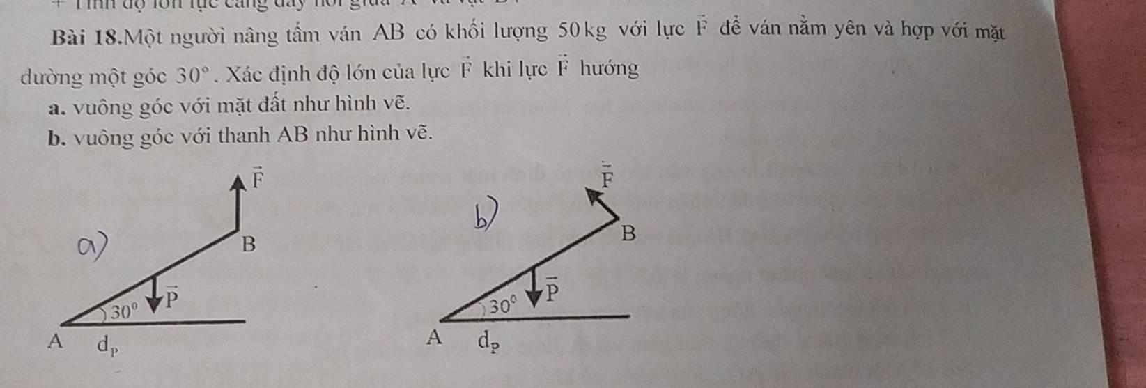 độ rôn tục cang  du      
Bài 18.Một người nâng tấm ván AB có khối lượng 50 kg với lực vector F đề ván nằm yên và hợp với mặt
đường một góc 30°. Xác định độ lớn của lực vector F khi lực overline L hướng
a. vuông góc với mặt đất như hình vẽ.
b. vuông góc với thanh AB như hình vẽ.
vector F
B
30° vector P
A d_p