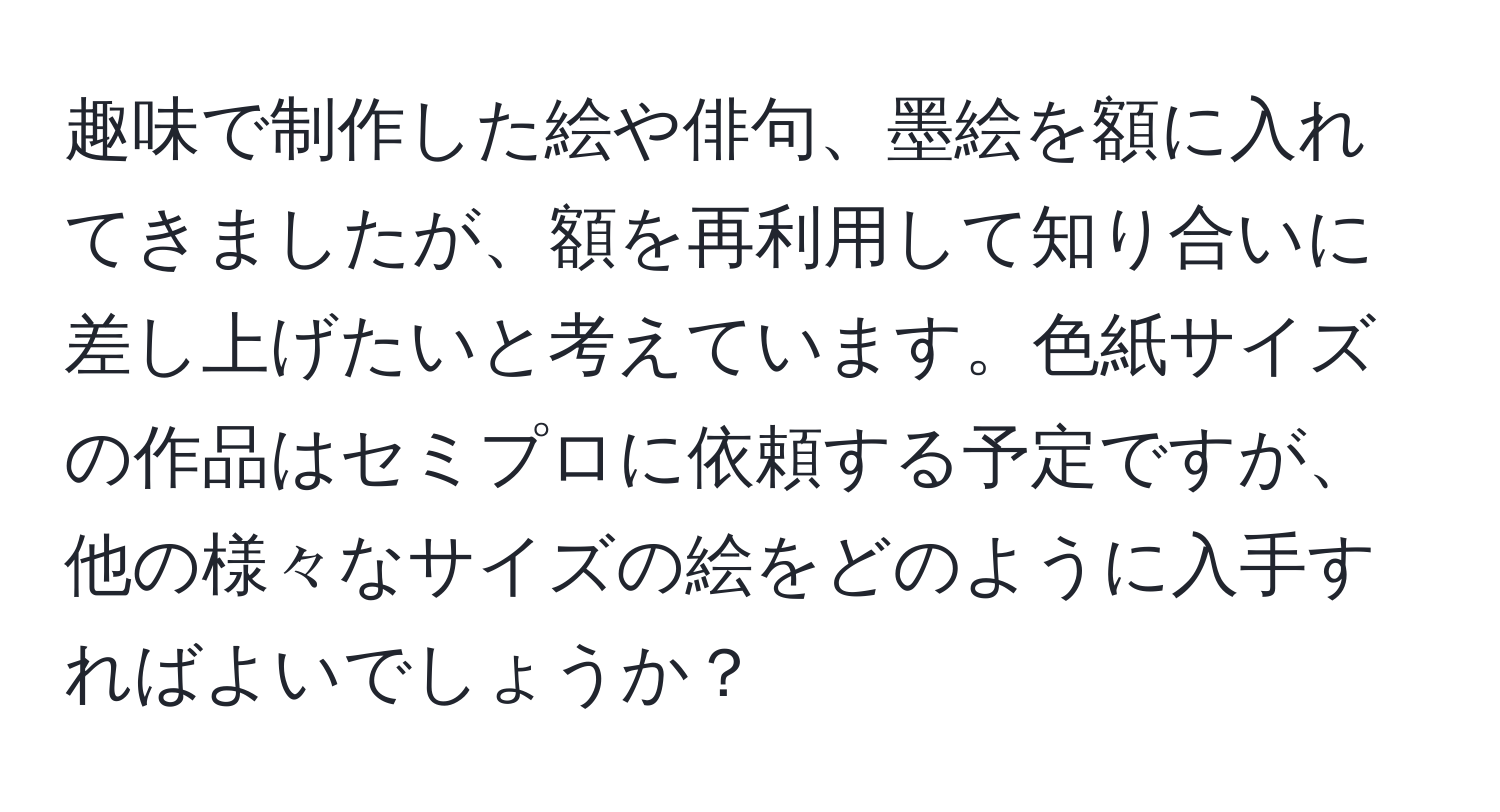 趣味で制作した絵や俳句、墨絵を額に入れてきましたが、額を再利用して知り合いに差し上げたいと考えています。色紙サイズの作品はセミプロに依頼する予定ですが、他の様々なサイズの絵をどのように入手すればよいでしょうか？