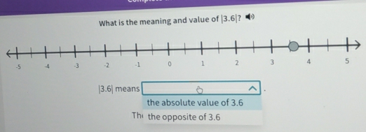 What is the meaning and value of |3.6| ?
|3.6| means
the absolute value of 3.6
The the opposite of 3.6