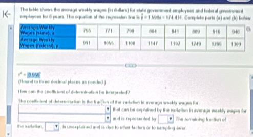 The lable shows the average weekly wages (in dullars) for stude goverment employees and federal goverrement 
emplayees for 8 years. The equation of the regression tine is hat y=1596x=174.431 1. Complute parts (a) and (b) bohow
r^4=(0.955)^2
(Round to three decimal places as needed ) 
How can the coefficient of determination be interpreted? 
The coulliciant of determination is the fracjion of the variation in average weekly wages for 
that can be exphained by the variation in average weokly wages for 
and is represented by The remaining fraction of 
the variation. is unexphined and is due to other factors or to sampling error