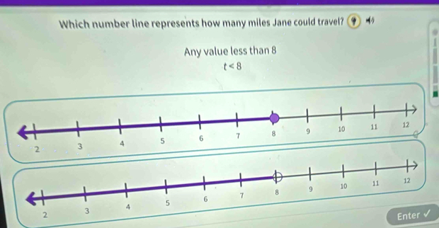 Which number line represents how many miles Jane could travel? 4
Any value less than 8
t<8</tex>