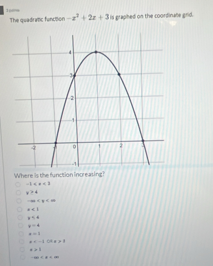 palms
The quadratic function -x^2+2x+3 is graphed on the coordinate grid.
Where is the function increasing?
-1
v≥ 4
-∈fty
x<1</tex>
y<4</tex>
y=4
x=1
x 3
x>1
-∈fty