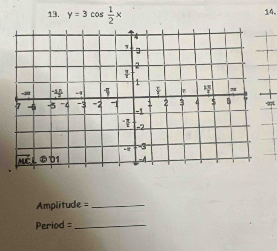 y=3cos  1/2 x 14.
Amplitude =_
Period =_