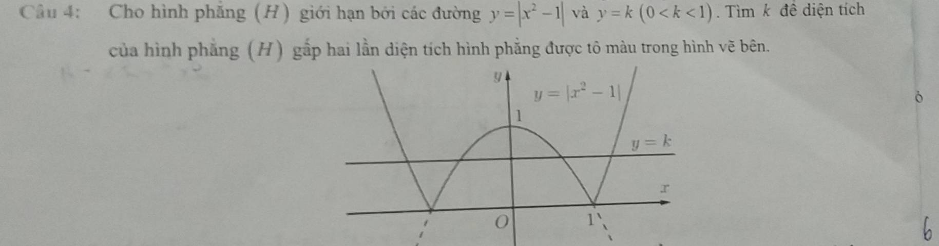 Cho hình phăng (H) giới hạn bởi các đường y=|x^2-1| và y=k(0 .  Tìm k đề diện tích
của hình phẳng (H) gắp hai lần diện tích hình phẳng được tô màu trong hình vẽ bên.