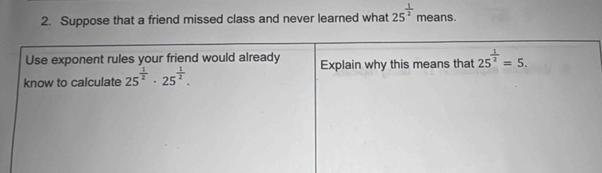 Suppose that a friend missed class and never learned what 25^(frac 1)2 means.