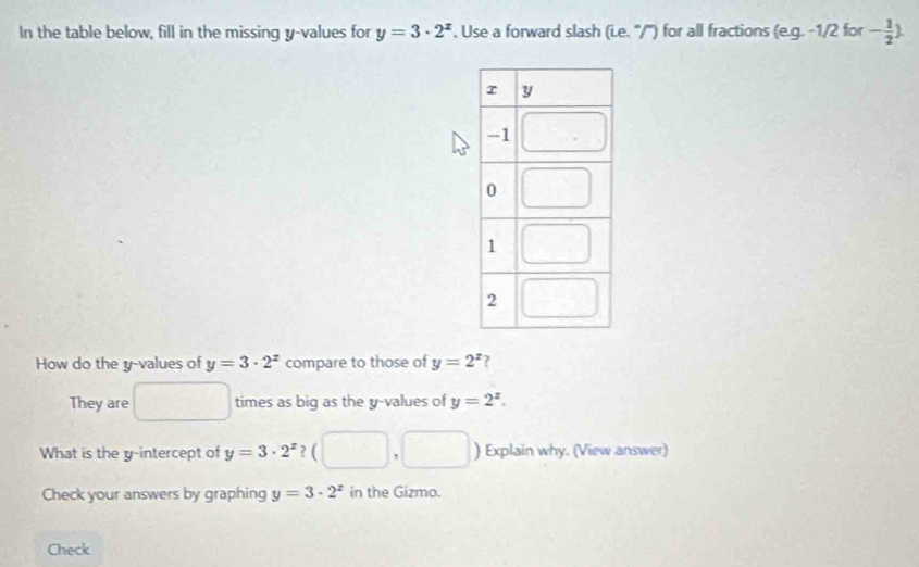 In the table below, fill in the missing y -values for y=3· 2^x. Use a forward slash (i.e. '/'') for all fractions (e.q. -1/2 for - 1/2 )
How do the y -values of y=3· 2^x compare to those of y=2^x 7 
They are times as big as the y -values of y=2^x. 
What is the y-intercept of y=3· 2^x ? ( ) Explain why. (View answer) 
Check your answers by graphing y=3· 2^x in the Gizmo. 
Check