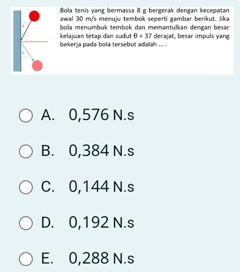 Bola tenis yang bermassa 8 g bergerak dengan kecepatan
awal 30 m/s menuju tembok seperti gambar berikut. Jika
bola menumbuk tembok dan memantulkan dengan besar 
kelajuan tetap dan sudut θ =37 derajat, besar impuls yang
bekerja pada bola tersebut adalah ... .
A. 0,576 N.s
B. 0,384 N.s
C. 0,144 N.s
D. 0,192 N.s
E. 0,288 N.s