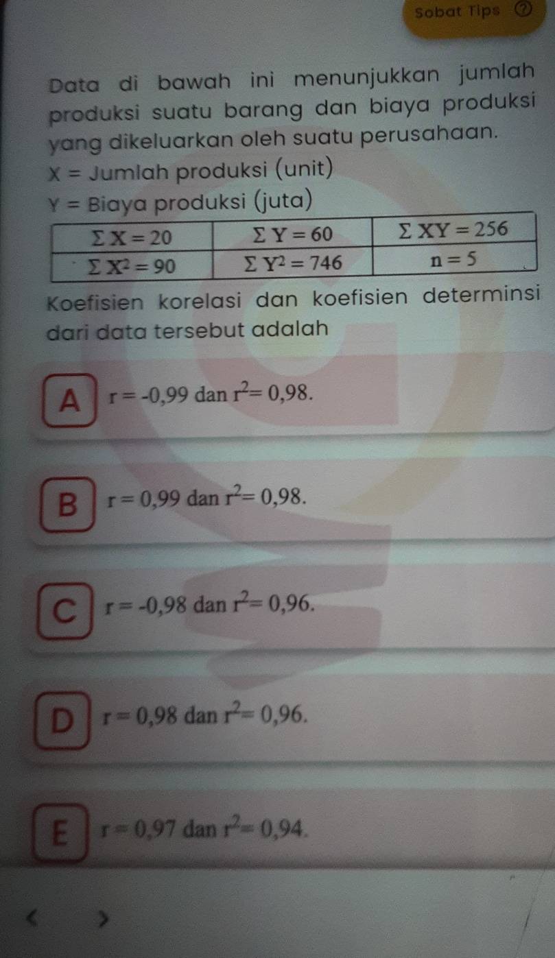 Sobat Tips
Data di bawah ini menunjukkan jumlah
produksi suatu barang dan biaya produksi 
yang dikeluarkan oleh suatu perusahaan.
X= Jumlah produksi (unit)
Y= Biaya produksi (juta)
Koefisien korelasi dan koefisien determinsi
dari data tersebut adalah
A r=-0,99 dan r^2=0,98.
B r=0,99 dan r^2=0,98.
C r=-0,98 dan r^2=0,96.
D r=0,98 dan r^2=0,96.
E r=0.97 dan r^2=0,94.